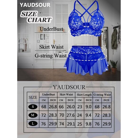 Sexy Blue Lingerie for Women 3 Piece Lace Bra Panty Set Strappy Lingerie Skirt - Picture 6 of 6